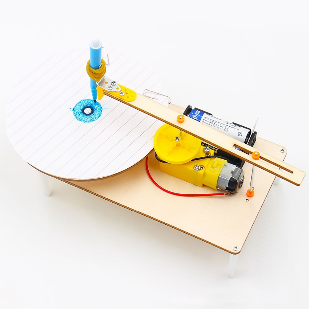 Kids Creative DIY Assembled Wooden Electric Plotter Kit Model Automatic Painting Drawing Robot Science Physics Experiment Toy