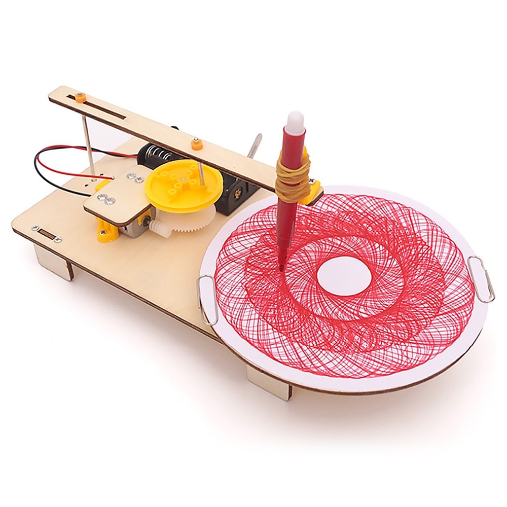 Kids Creative DIY Assembled Wooden Electric Plotter Kit Model Automatic Painting Drawing Robot Science Physics Experiment Toy